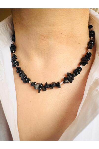 DEVİ fashion Obsidian Natural Stone Necklace 45 cm