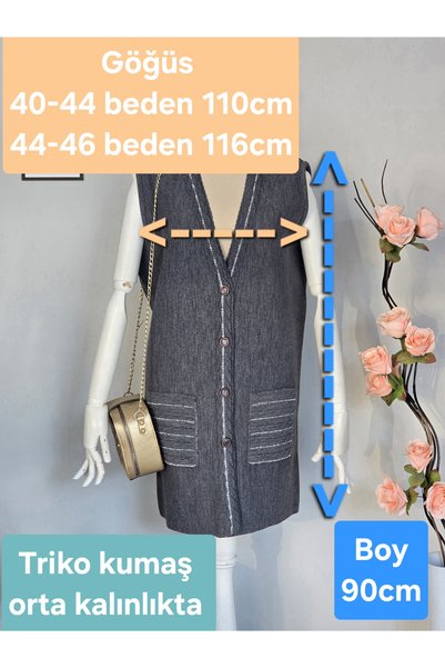 ENDAMIM KADIN KAYIK YAKA UZUN TRİKO YELEK KOLSUZ DÜĞMELİ CEPLİ GÜNLÜK KULLANIM