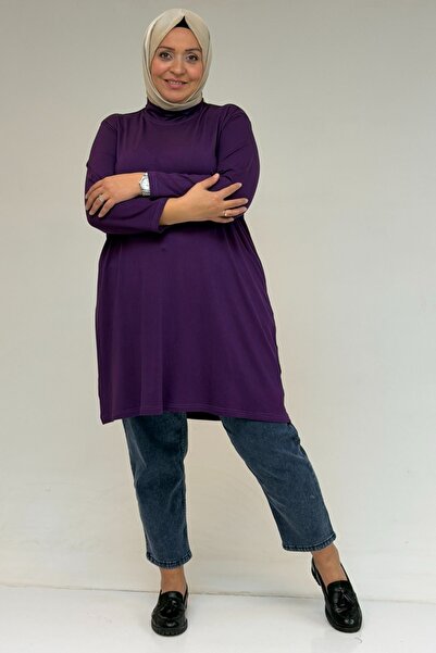 Eslina 58175 Plus Size High Neck Basic Combed Cotton Tunic - Purple