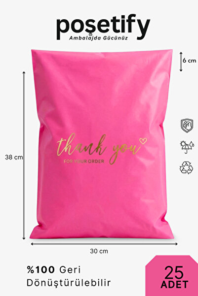 POŞETİFY Premium Renkli Kargo Poşeti 30x38x6 cm | 25 Adet | Thank You Baskılı...