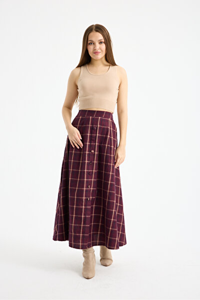 MODAMERSİ Women's Burgundy Pocketed Button Detailed Long Plaid Skirt