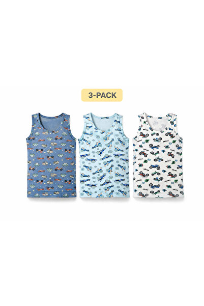 İncili Boy's Patterned Undershirt Set of 3 – Vehicle/Motorcycle Pattern (3 Pi...