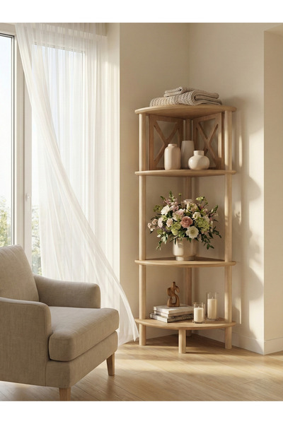 CMDWOOD LİVA 4 Raflı Çok Amaçlı Köşe Raf Ahşap Köşe Çiçeklik Köşe Objelik Köşe Kitaplık Köşe Saksılık