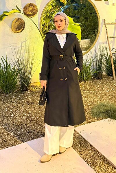 lamelif Belted Shoulder Epaulet Trench Coat Black