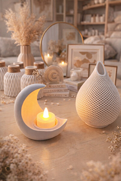 millonu “Modern 3’lü Dekoratif Salon Seti | LED Ay Mumluk & Minimal Kuru Çiçe...