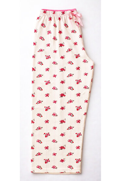 Made By me White Floral Pattern Soft Fabric High Waist Modern Quality Women's Pajama Bottoms Pink Cotton