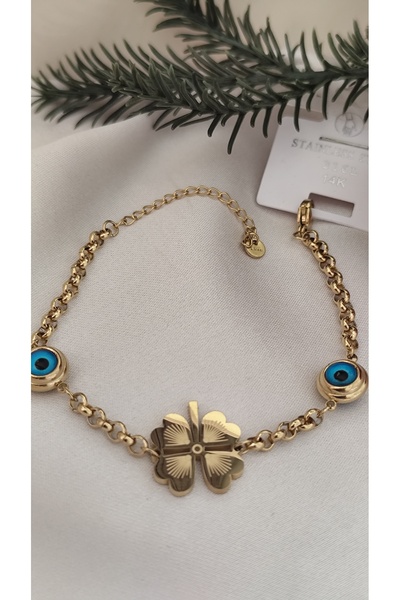 DİAVENTA TAKI VE AKSESUAR 100% Steel Clover Evil Eye Beaded Bracelet 316L Steel Bracelet Does Not Tarnish Does Not Fade 17+5 cm