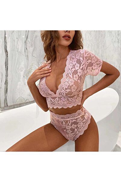Nawaem Night Lingerie Women's 2-Piece Floral Lace Lingerie Set - Sexy Short Sleeve V-Neck Crop Top and High Waist Panty