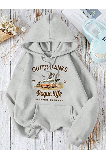 WESTİMO Women's Grey Outer Banks 3 Thread O Oversized K Hooded Hoodie Sweatshirt