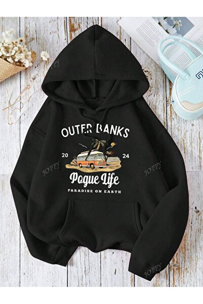 WESTİMO Kadın Siyah Outer Banks 3 İplik Oversize Kapüşonlu Hoodie Sweatshirt