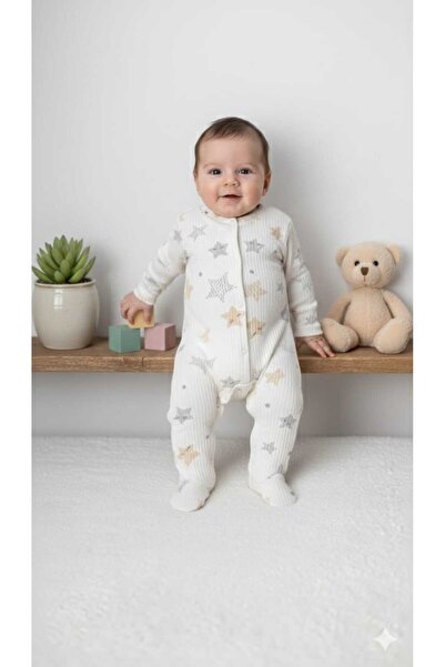 MiniBou Baby Cotton Teddy Bear Patterned Romper - Cream