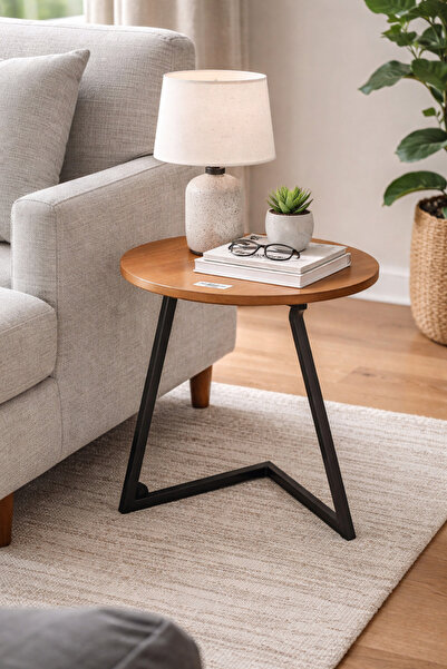 SADANHOME Retro-style wooden side table with a gold rim and tricolor legs