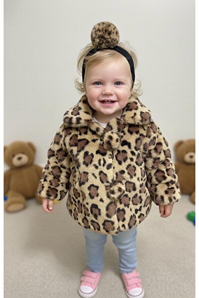 mayakids LEOPAR DESENLİ ANGORA PELUŞ KIZ BEBEK BANDANALI CEKET