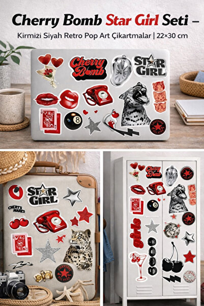 Limitless Design Cherry Bomb Star Girl Sticker Seti – Kırmızı Siyah Retro Pop...