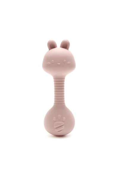 Moon Piece pink Food-Grade Baby Bunny Silicone Rattle Teether – Dumbbell Shape for Easy Grip, Handheld Toy for