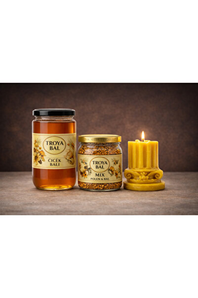TROYA ARICILIK GIDA Troya Günlük Güç Seti | Çiçek Balı 850 g + Polen Bal Mix 180 g + Sütun Balmumu | Çanakkale Menşeli