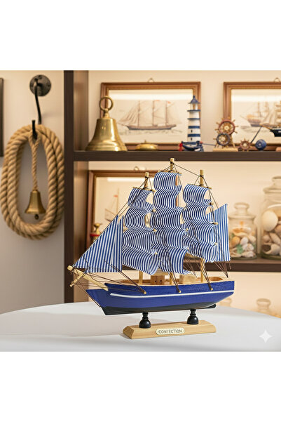 Livava Dekoratif Yelkenli Ahşap Gemi, Mavi, 14x14 cm