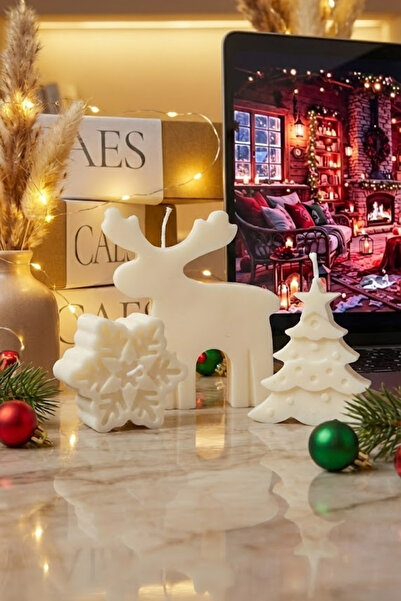 CAES 3'lü Yılbaşı Mum Seti - Dekoratif Geyik, Çam Ağacı ve Kar Tanesi Figürlü...