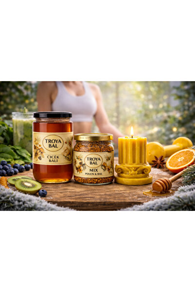 TROYA ARICILIK GIDA Troya Günlük Güç Seti | Çiçek Balı 850 g + Polen Bal Mix 180 g + Sütun Balmumu | Çanakkale Menşeli
