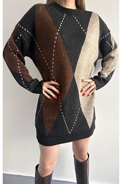 yeditepe fashion Crew Neck Plaid Knitwear Dress