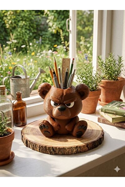 METAKEY3D Sinirli Ayıcık Figürlü Kalemlik - Özel Tasarım Dekoratif Masa Üstü ...