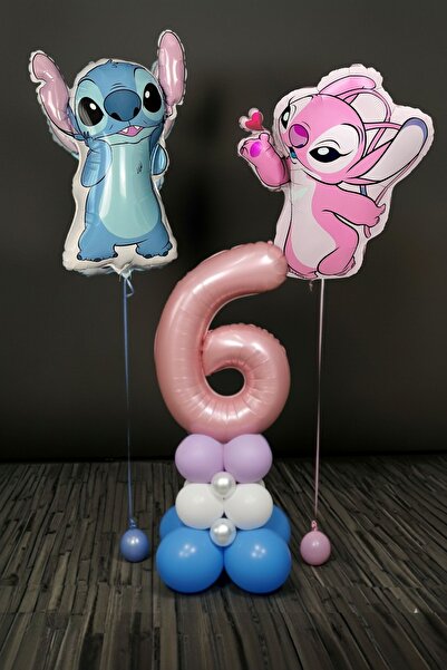 PARTİAVM 6 Yaş Lilo ve Stiç Doğum Günü Konsepti Pembe Rakam Balon Sütunu Uçan...