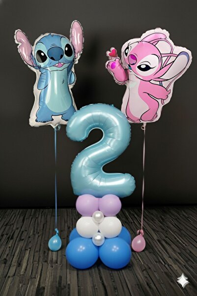 PARTİAVM 2 Year Old Lilo and Stitch Birthday Concept Blue Number Balloon Column Flying Balloon Set of 2 Stitch and Lilo
