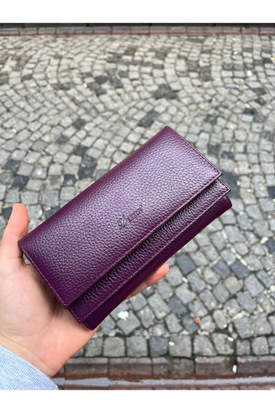 beralde Hakiki Deri Çift Kapaklı Bol Gözlü Kadın Cüzdanı Mor Renk/Hediye Kutulu