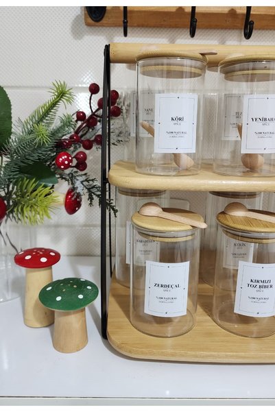 Durina Living 12-Piece Vacuum Bamboo Lid Spice Jar Set with 2-Tier Stand 250-300 ml 12-Piece Label Gift