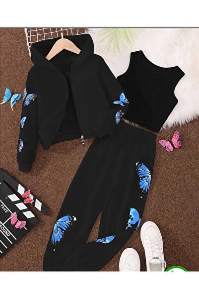 Kids Mavi Kelebek Baskılı Siyah Kız Çocuk 3'lü Takım