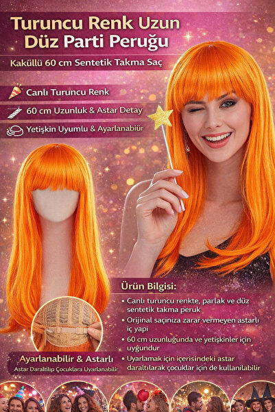 Tamsena Store Turuncu Renk Uzun Düz Parti Peruğu – Kaküllü 60 cm Sentetik Tak...