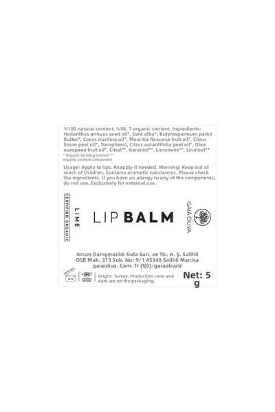 Gaia Oliva Lemon Organic Moisturizing Lip Balm 5 Gr
