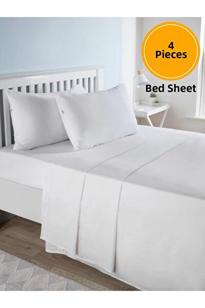 Mef Collection طقم ملاءات سرير من نوع الفندق مكون من 4 قطع باللون الأبيض مقاس 180×235 |   اقتصادي بدون مطاط للشخص الواحد