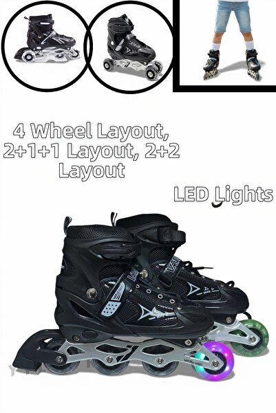 YILDIRIM OYUNCAK Silicone Roller Skates Adjustable 2+1+1, 2+2 and Single Row Skates Lighted Children's Skates 3 in 1