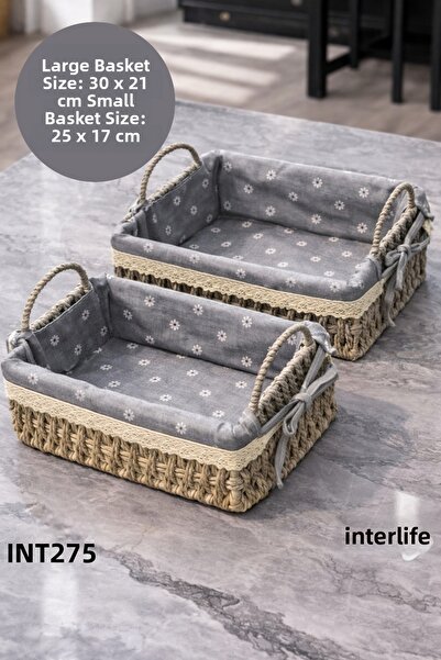 İnterlife 2-Piece Covered Wicker Organizer Basket with Handles Multi-Purpose Rustic Decorative Organizer Basket |   Rectangle