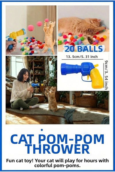 sonx Cat Pompom Launcher Gun - Interactive Cat Toy Set (+20 Colorful Soft Balls)
