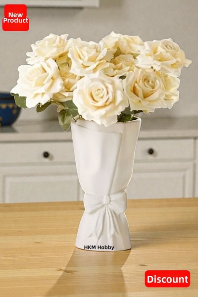 HKM Hobim مزهرية ديكورية على الطراز الاسكندنافي - حامل زهور مع فيونكة لطاولة غرفة المعيشة