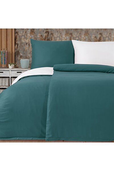 NazeninHome Satin 100% Cotton Single Duvet Cover Set Solid Color Petrol - Cream