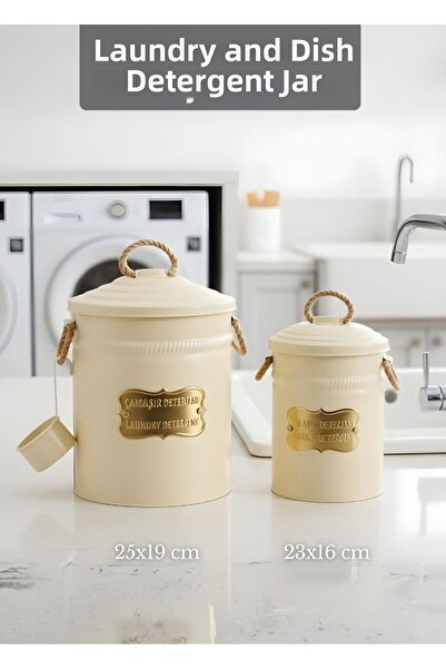 Jet's Home Set of 2 Detergent Bucket Laundry Dishwashing Box with Scale Galvanized Metal Cream