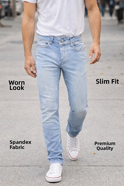 CEDY DENIM Pánské Slim Fit Ice Blue Jeans - Strečové, přiléhavé džíny Joe Regular Waist C300