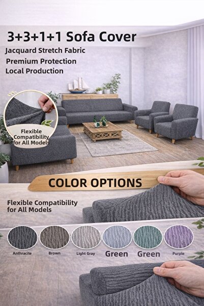 Uy Style Jakarli 3+3+1+1 Elastic Sofa Cover – Flexible, Stain Resistant, Anth...