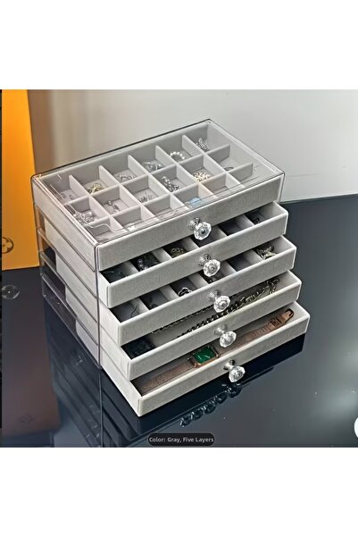 ALPCES 5-Layer Gray and Beige Jewelry Box Organizer with Transparent Drawers,...