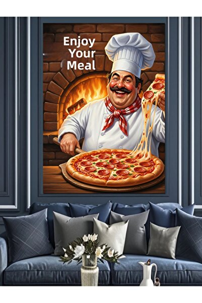 KanvasSepeti Bucătar ținând o pizza Pictură în ulei de înaltă calitate textur...