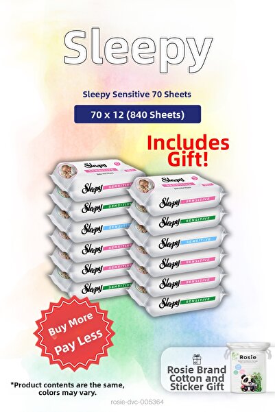 Sleepy 12 عبوة مناديل مبللة للأطفال حساسة البشرة 70 قطعة وهدية قطنية