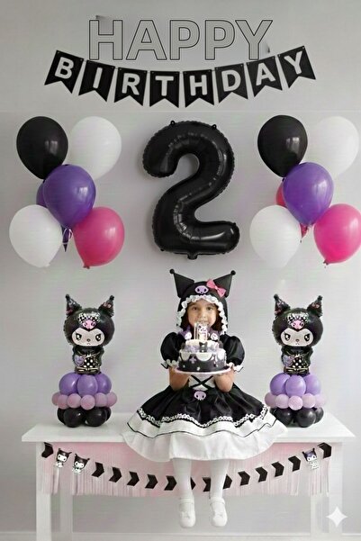 PARTİAVM مجموعة بالونات ذات طابع عيد ميلاد كورومي مزدوجة، بالون أسود على شكل رقم لعمر سنتين، بالون كورومي صغير على شكل عمود للطاولة