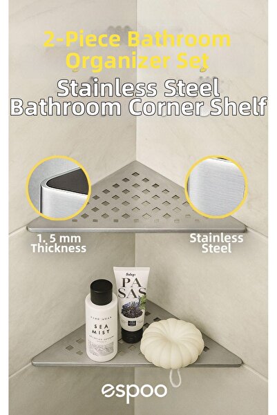 Espoo Design قطعتان من رف زاوية الحمام المصنوع من الفولاذ المقاوم للصدأ على شكل مثلث، مجموعة حامل الشامبو وصابون الحمام لزاوية كابينة الاستحمام