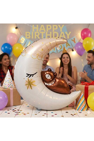 DODOMAR 86X76 cm – Foil Balloon with a Teddy Bear Lying on the Moon Figure fo...