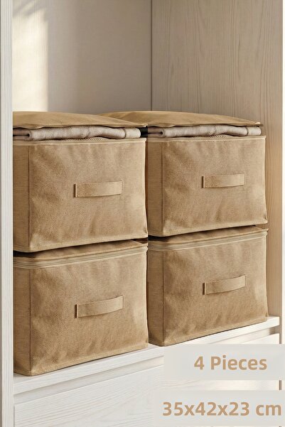 PH Prendi Home 4 Pieces 35X42X23 cm Beige Interlining Fabric Storage Bag with Zipper for Closet and Drawer Organizer Set