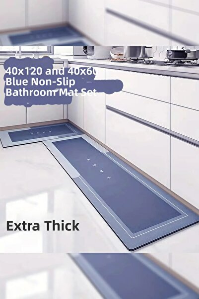 Destpak طقم سجادة حمام سميكة ممتصة للماء باللون الأزرق مكونة من قطعتين - واجه...