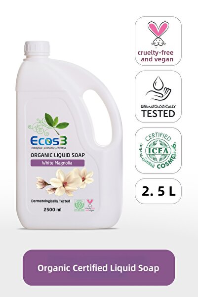 Ecos3 2500 مل صابون سائل عضوي بيئي - نباتي، للبشرة الحساسة، لا يسبب الحساسية، ماغنوليا بيضاء